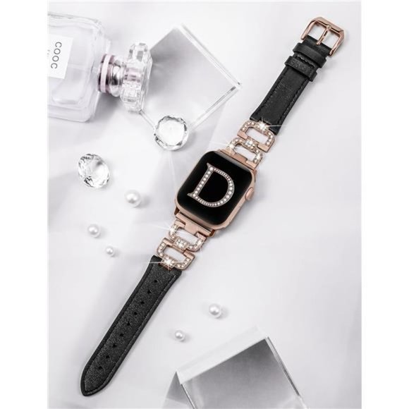 NEW Black/Gold Diamond Bling Leather Apple Watch Band main image 4
